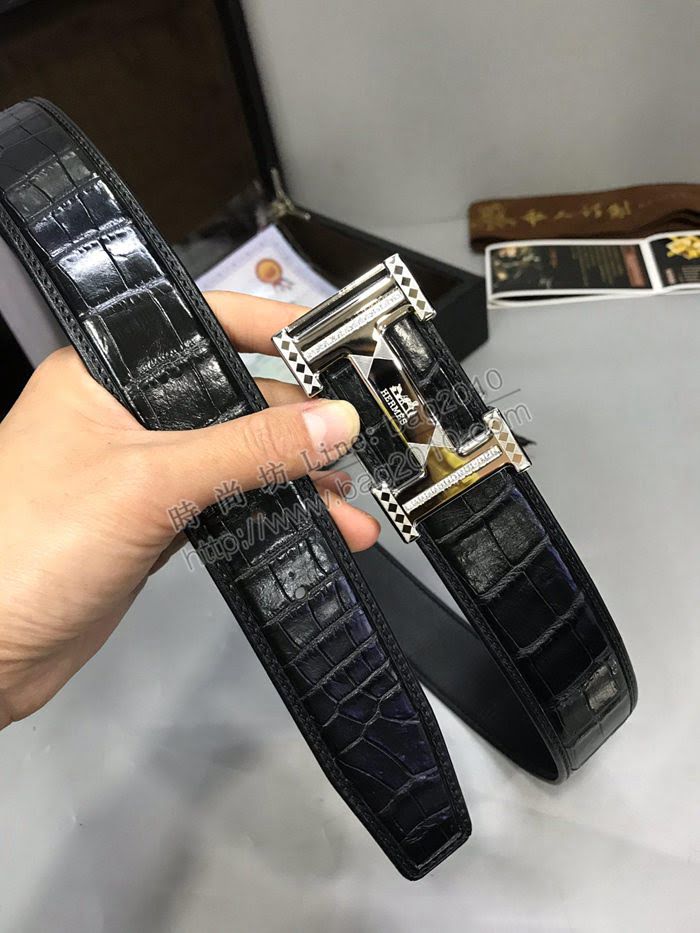 HERMES皮帶 2018款 野生進口真鱷魚肚皮 不拼接皮帶 愛馬仕男腰帶  hgh1933